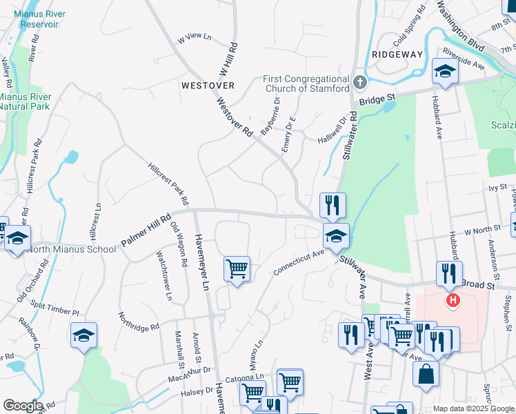map of restaurants, bars, coffee shops, grocery stores, and more near 97 Palmer Hill Road in Stamford