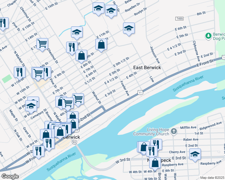 map of restaurants, bars, coffee shops, grocery stores, and more near 209 Fowler Avenue in Berwick