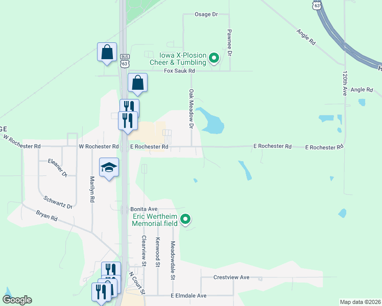 map of restaurants, bars, coffee shops, grocery stores, and more near 202 East Rochester Road in Ottumwa