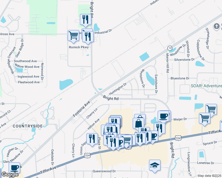 map of restaurants, bars, coffee shops, grocery stores, and more near 1860 Huntington Drive in Findlay