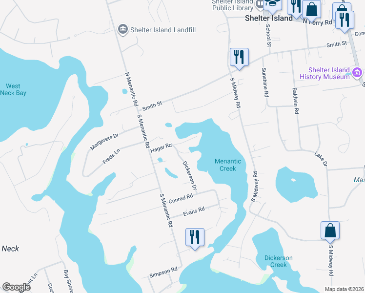 map of restaurants, bars, coffee shops, grocery stores, and more near 4 Hagar Road in Shelter Island