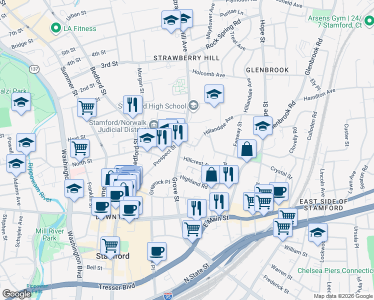 map of restaurants, bars, coffee shops, grocery stores, and more near 15 Hillandale Avenue in Stamford