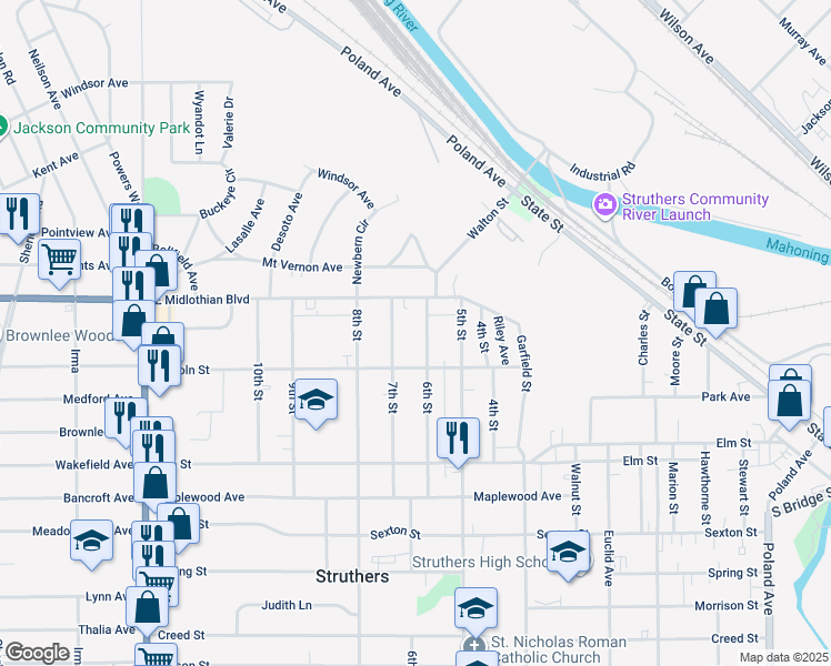 map of restaurants, bars, coffee shops, grocery stores, and more near 433 6th Street in Struthers