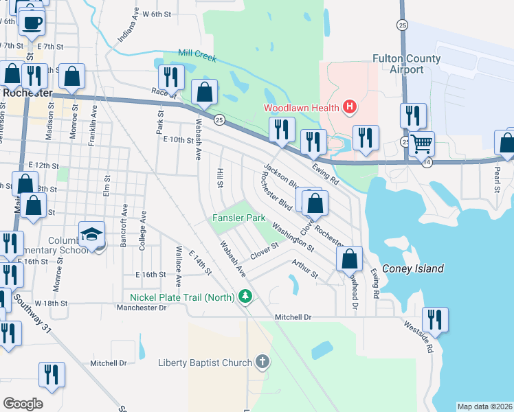 map of restaurants, bars, coffee shops, grocery stores, and more near 1300-1308 Washington Street in Rochester