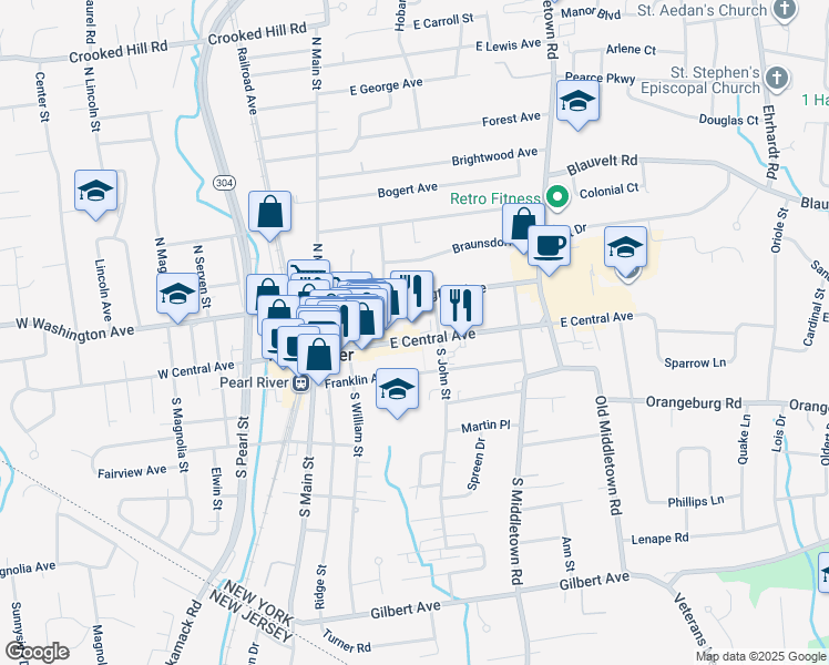 map of restaurants, bars, coffee shops, grocery stores, and more near 105 E Central Ave in Pearl River