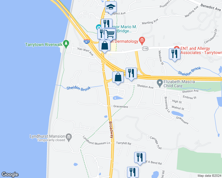 map of restaurants, bars, coffee shops, grocery stores, and more near 8 Walter Street in Tarrytown