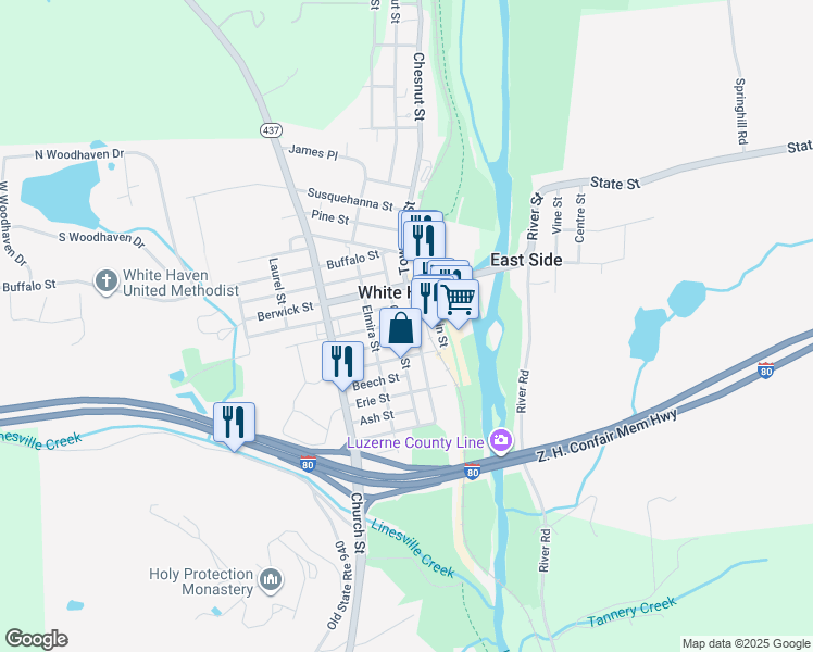 map of restaurants, bars, coffee shops, grocery stores, and more near 512 Towanda Street in White Haven