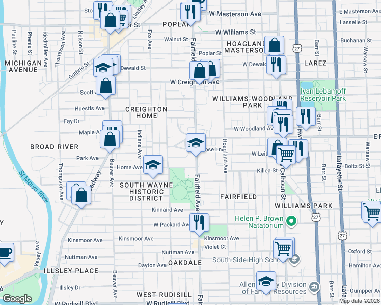 map of restaurants, bars, coffee shops, grocery stores, and more near 2724 Fairfield Avenue in Fort Wayne