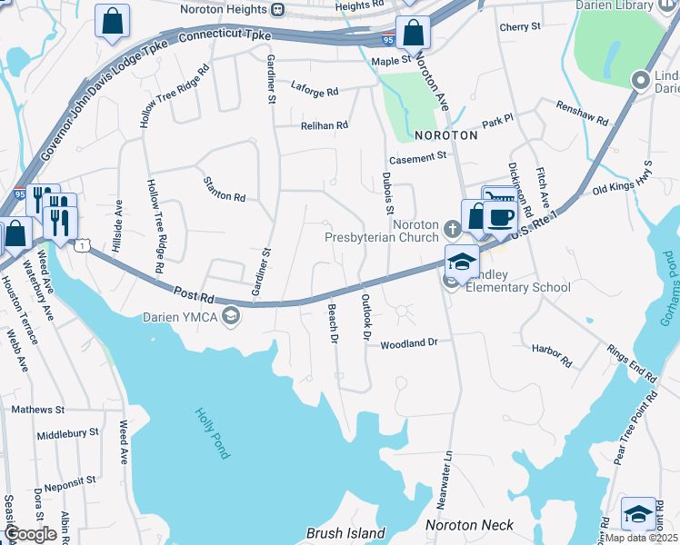 map of restaurants, bars, coffee shops, grocery stores, and more near 20 Bishops Gate Road in Darien