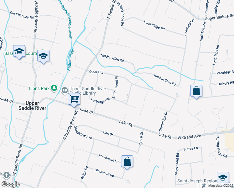 map of restaurants, bars, coffee shops, grocery stores, and more near 6 Buttonwood Place in Upper Saddle River