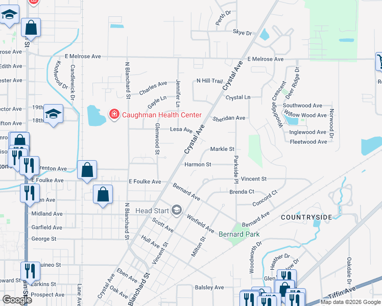 map of restaurants, bars, coffee shops, grocery stores, and more near 1512 State Street in Findlay