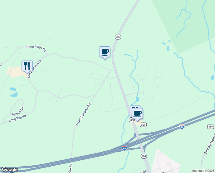 map of restaurants, bars, coffee shops, grocery stores, and more near 38 Deer Run Road in Drums