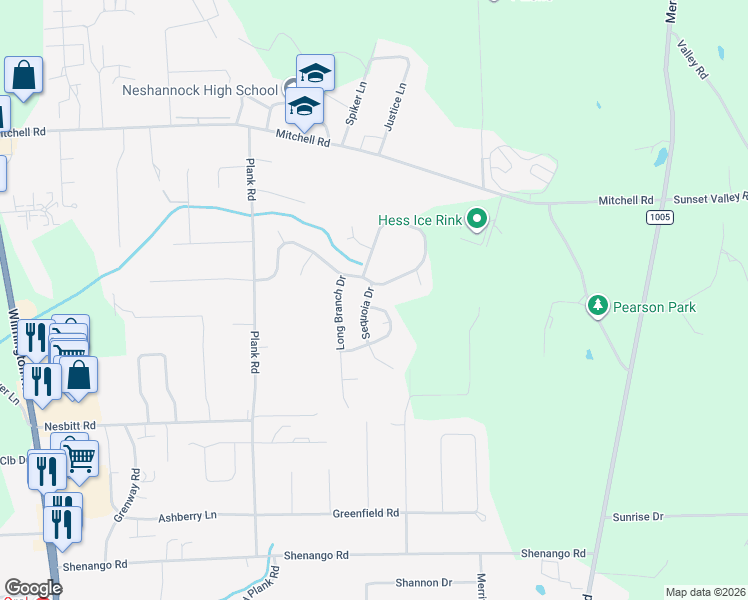 map of restaurants, bars, coffee shops, grocery stores, and more near 3239 Sequoia Drive in New Castle