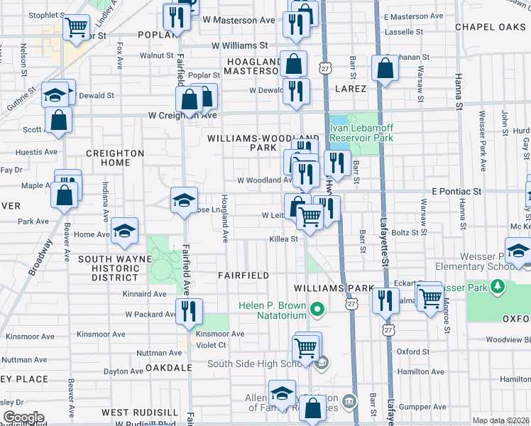 map of restaurants, bars, coffee shops, grocery stores, and more near 221 West Leith Street in Fort Wayne