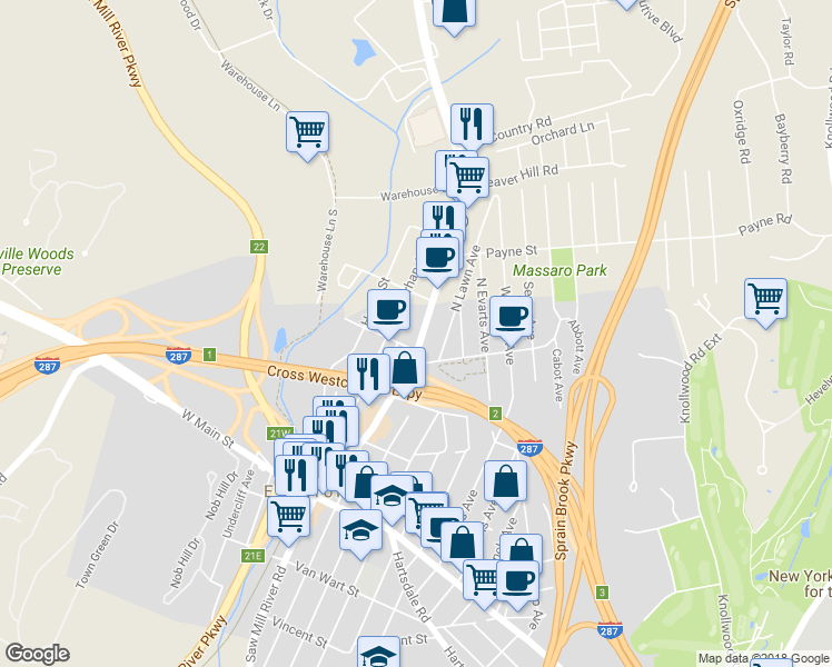 map of restaurants, bars, coffee shops, grocery stores, and more near 153 Saw Mill River Road in Elmsford