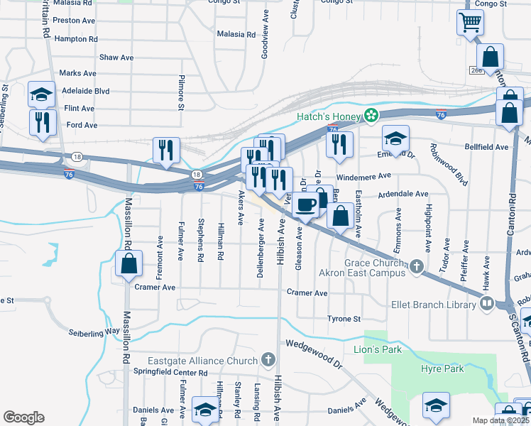 map of restaurants, bars, coffee shops, grocery stores, and more near 2014 East Market Street in Akron