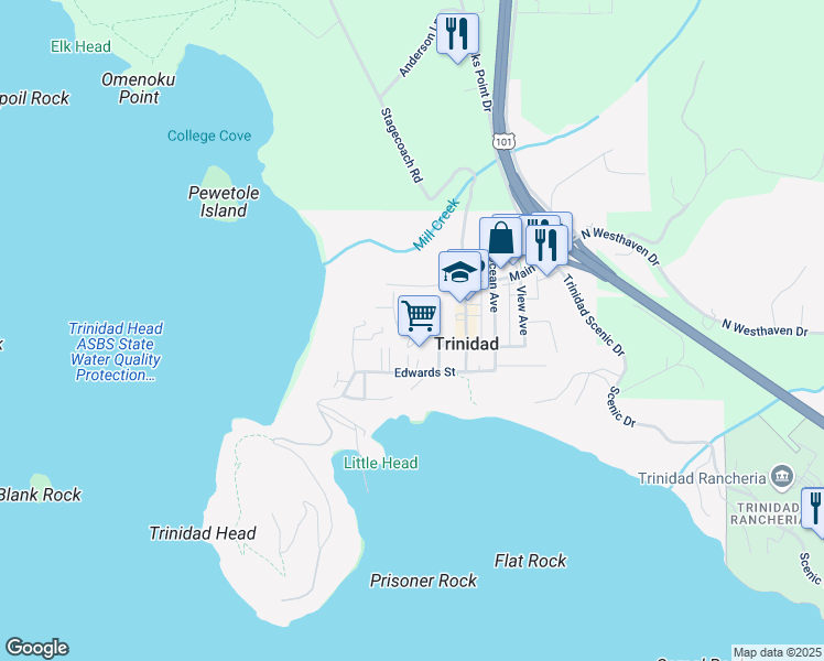 map of restaurants, bars, coffee shops, grocery stores, and more near 789 Underwood Drive in Trinidad