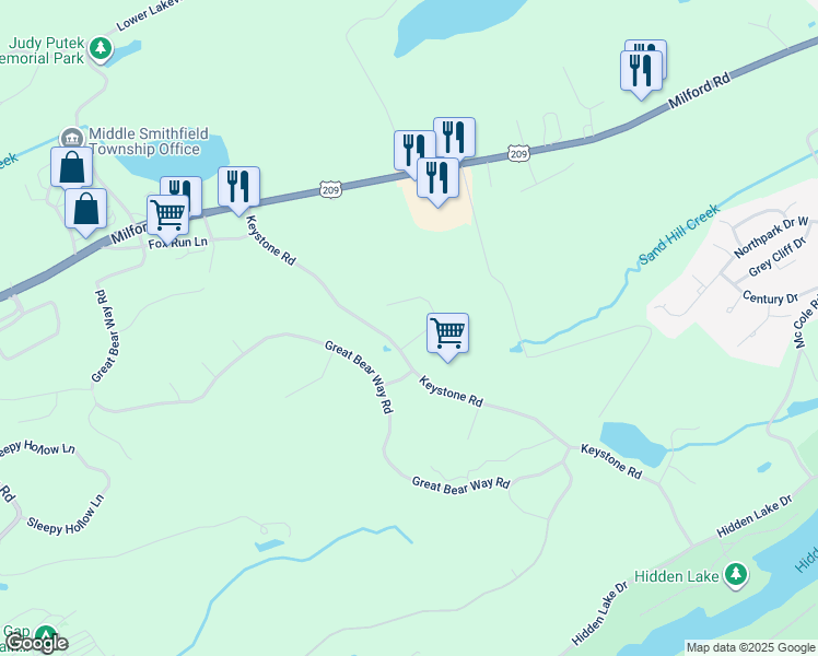 map of restaurants, bars, coffee shops, grocery stores, and more near 205 Courtney Drive in East Stroudsburg