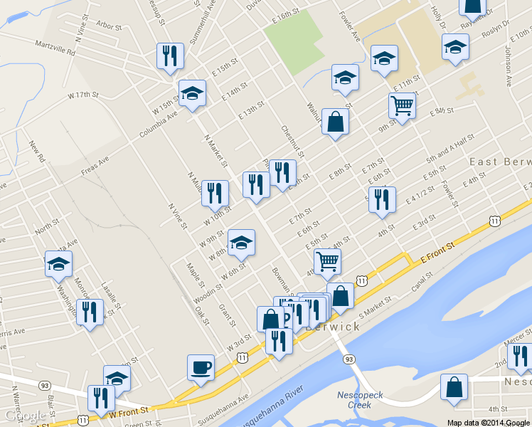 map of restaurants, bars, coffee shops, grocery stores, and more near 804 N Market St in Berwick