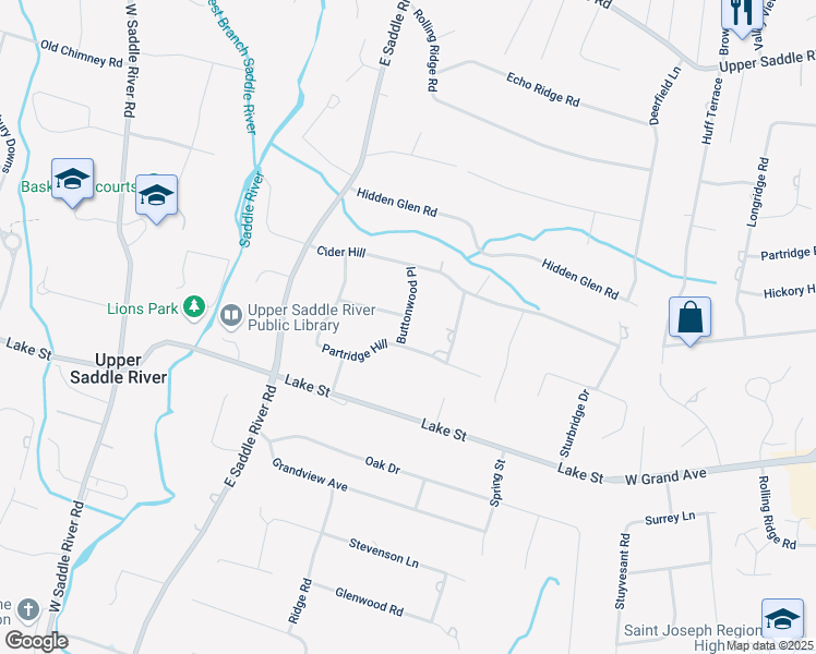 map of restaurants, bars, coffee shops, grocery stores, and more near 6 Buttonwood Place in Upper Saddle River