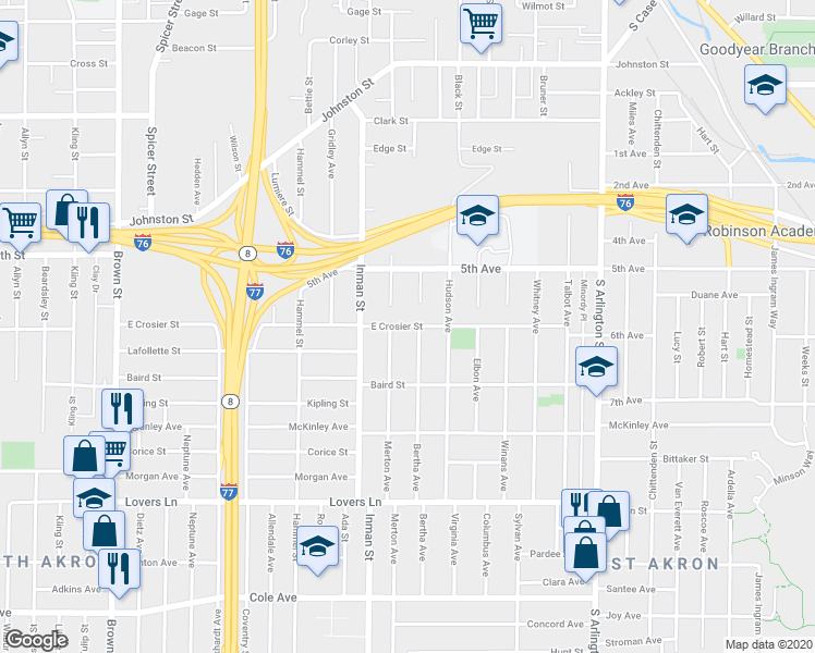 map of restaurants, bars, coffee shops, grocery stores, and more near 851 East Crosier Street in Akron
