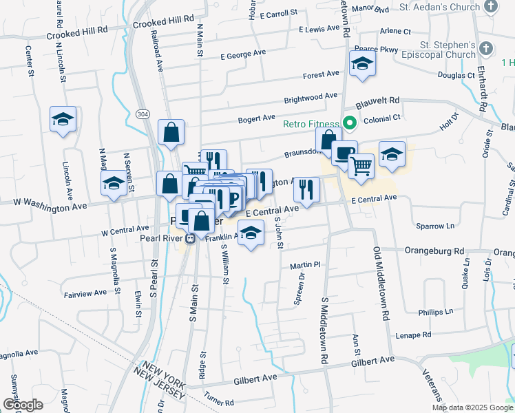 map of restaurants, bars, coffee shops, grocery stores, and more near 105 E Central Ave in Pearl River
