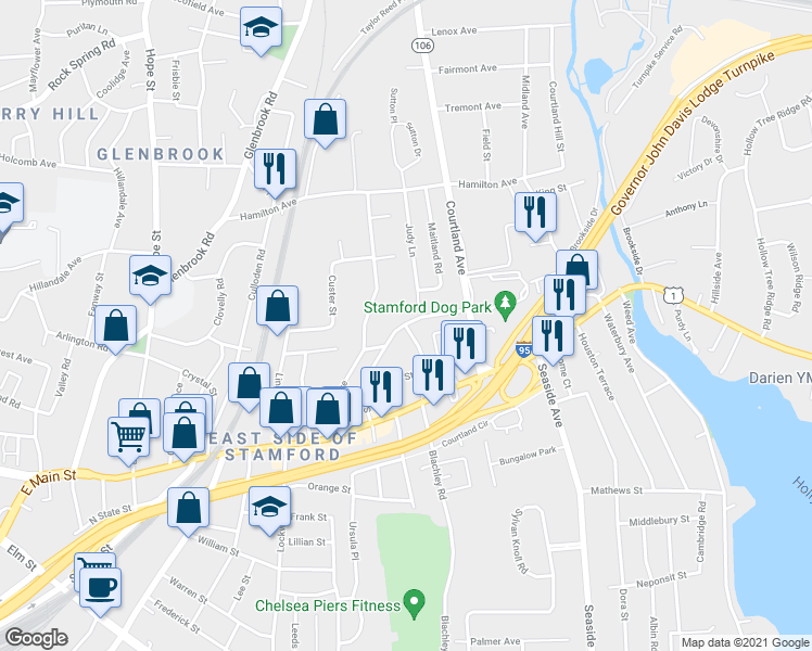 map of restaurants, bars, coffee shops, grocery stores, and more near 38 Revere Drive in Stamford