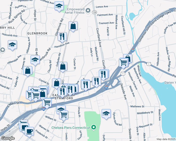 map of restaurants, bars, coffee shops, grocery stores, and more near 38 Revere Drive in Stamford