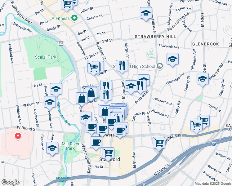 map of restaurants, bars, coffee shops, grocery stores, and more near 172 North Street in Stamford