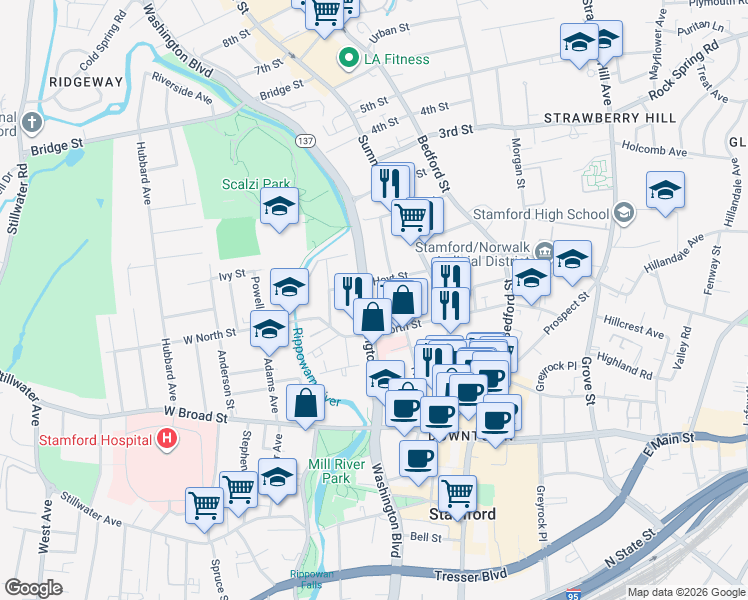 map of restaurants, bars, coffee shops, grocery stores, and more near 1435 Washington Boulevard in Stamford