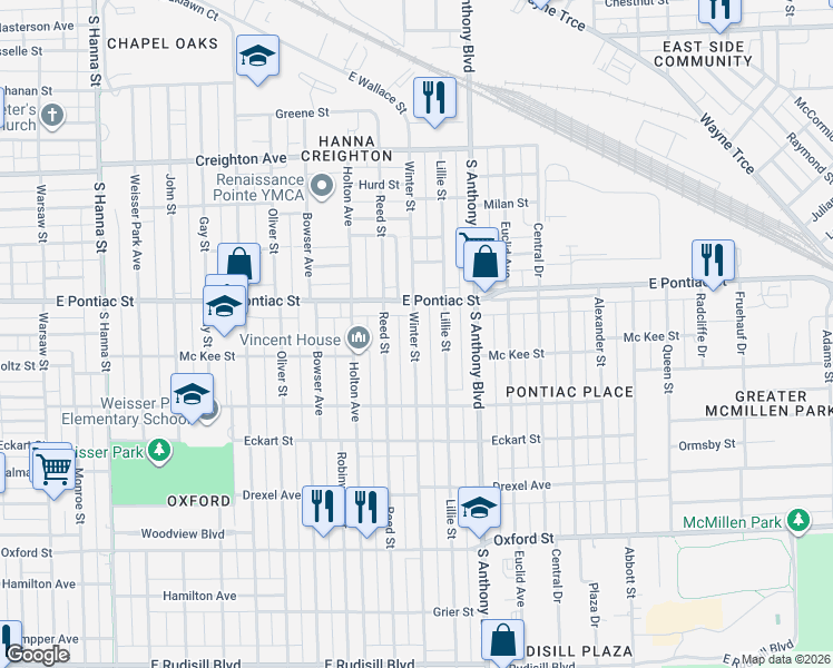 map of restaurants, bars, coffee shops, grocery stores, and more near 2809 Winter Street in Fort Wayne
