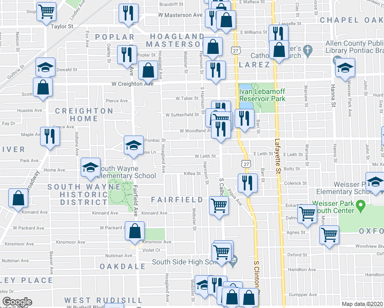 map of restaurants, bars, coffee shops, grocery stores, and more near 221 West Leith Street in Fort Wayne