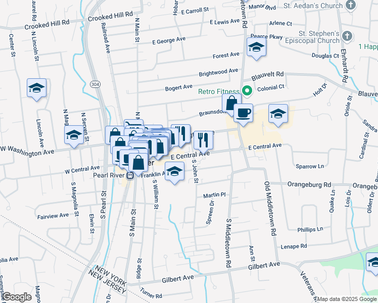 map of restaurants, bars, coffee shops, grocery stores, and more near 105 E Central Ave in Pearl River