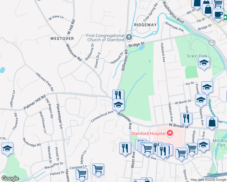 map of restaurants, bars, coffee shops, grocery stores, and more near 496 Stillwater Road in Stamford
