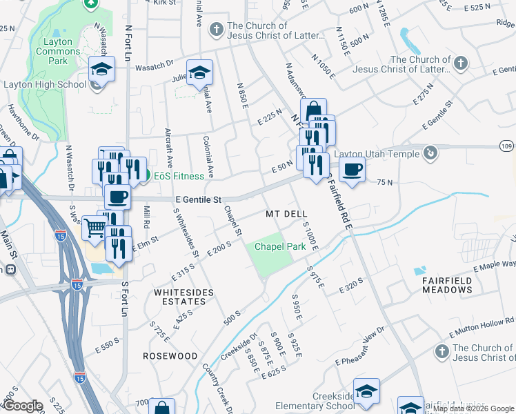 map of restaurants, bars, coffee shops, grocery stores, and more near 897 East Elm Street in Layton