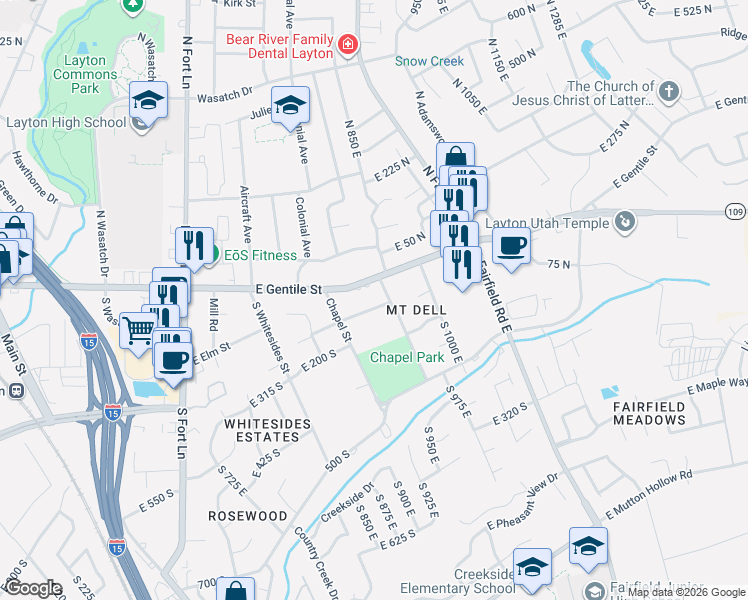 map of restaurants, bars, coffee shops, grocery stores, and more near 897 East Elm Street in Layton