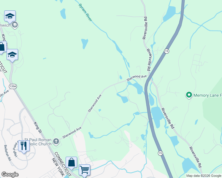 map of restaurants, bars, coffee shops, grocery stores, and more near 24 Sherwood Avenue in Greenwich