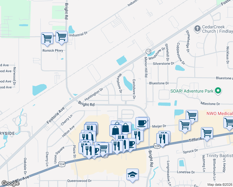 map of restaurants, bars, coffee shops, grocery stores, and more near 1414 Westshore Drive in Findlay
