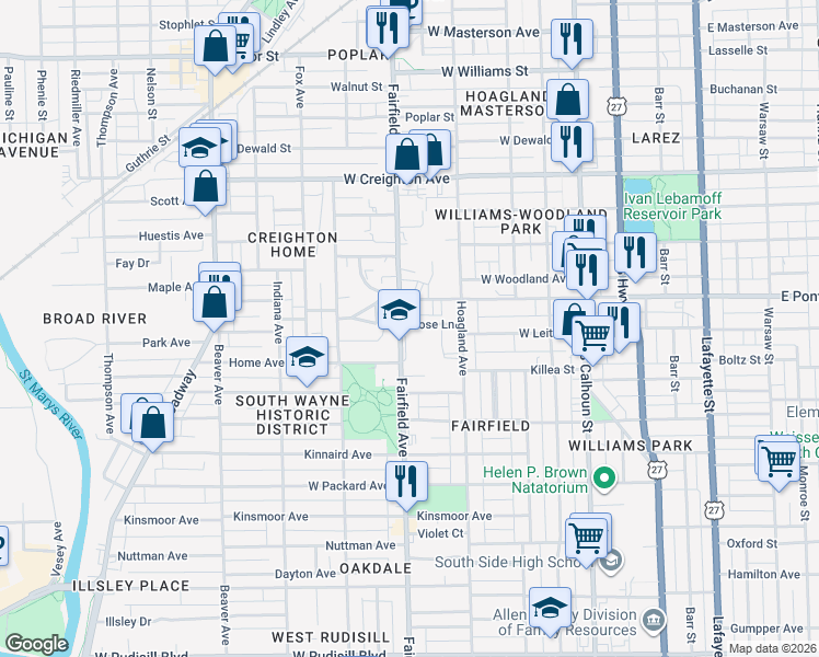 map of restaurants, bars, coffee shops, grocery stores, and more near 2825 Fairfield Avenue in Fort Wayne