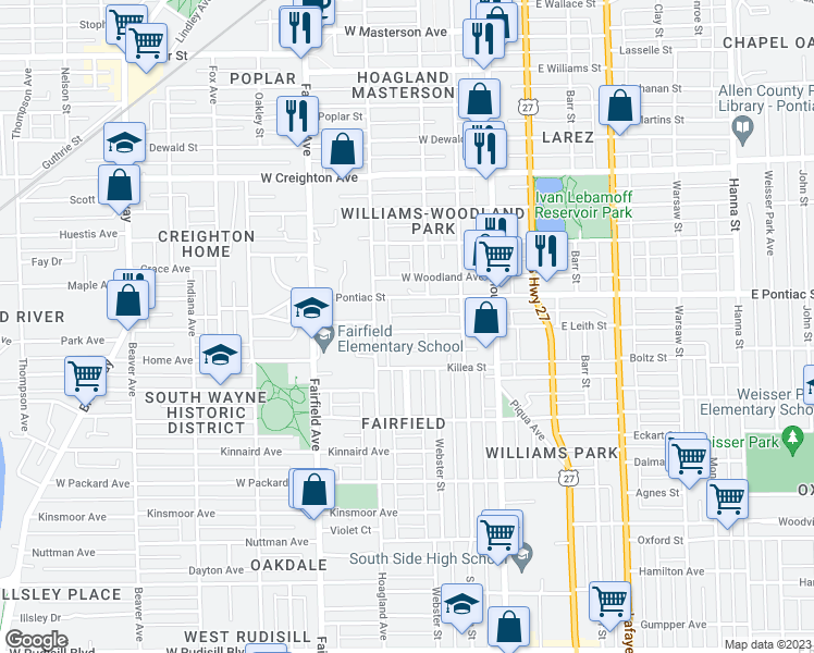 map of restaurants, bars, coffee shops, grocery stores, and more near 320 West Leith Street in Fort Wayne