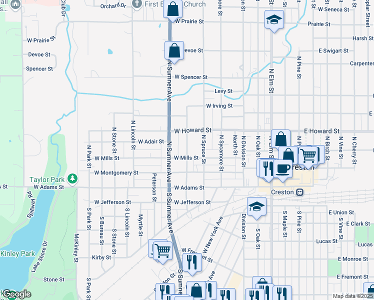 map of restaurants, bars, coffee shops, grocery stores, and more near 329 North Jarvis Street in Creston