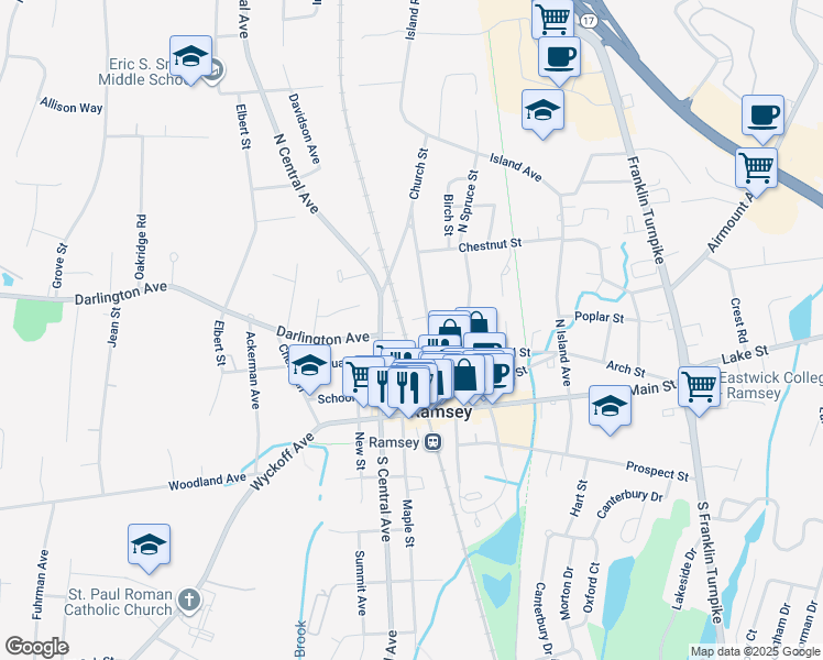 map of restaurants, bars, coffee shops, grocery stores, and more near 70 North Central Avenue in Ramsey