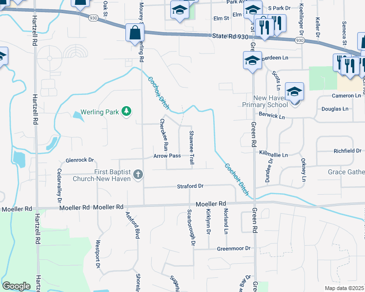 map of restaurants, bars, coffee shops, grocery stores, and more near 3078 Navajo Crossing in New Haven