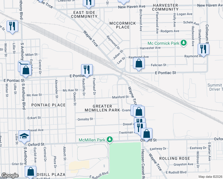 map of restaurants, bars, coffee shops, grocery stores, and more near 2823 Larwill Court in Fort Wayne