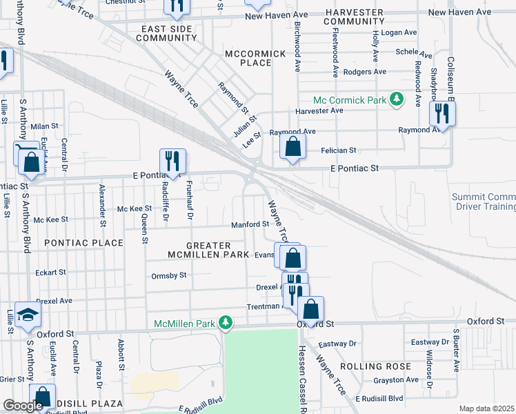 map of restaurants, bars, coffee shops, grocery stores, and more near 2904 Turpie Street in Fort Wayne