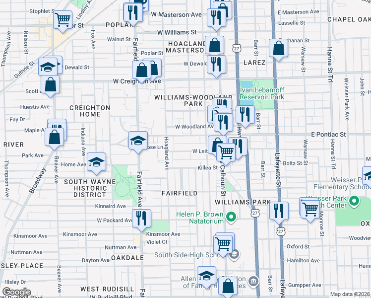 map of restaurants, bars, coffee shops, grocery stores, and more near 325 West Leith Street in Fort Wayne