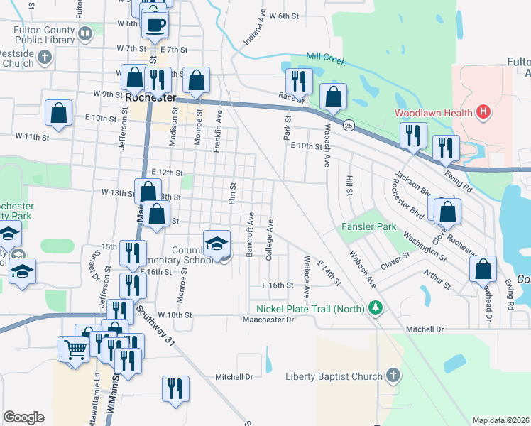map of restaurants, bars, coffee shops, grocery stores, and more near 1353-1399 Bancroft Avenue in Rochester
