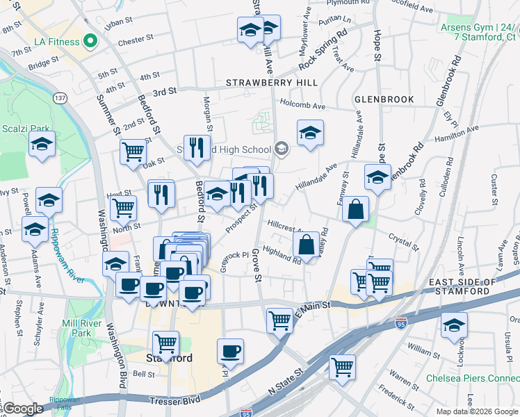 map of restaurants, bars, coffee shops, grocery stores, and more near 135 Prospect Street in Stamford