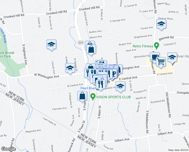map of restaurants, bars, coffee shops, grocery stores, and more near 54 Dexter Plaza in Pearl River