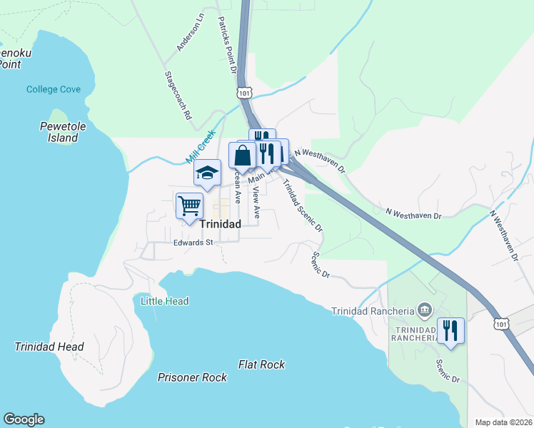 map of restaurants, bars, coffee shops, grocery stores, and more near 245 Parker Lane in McKinleyville